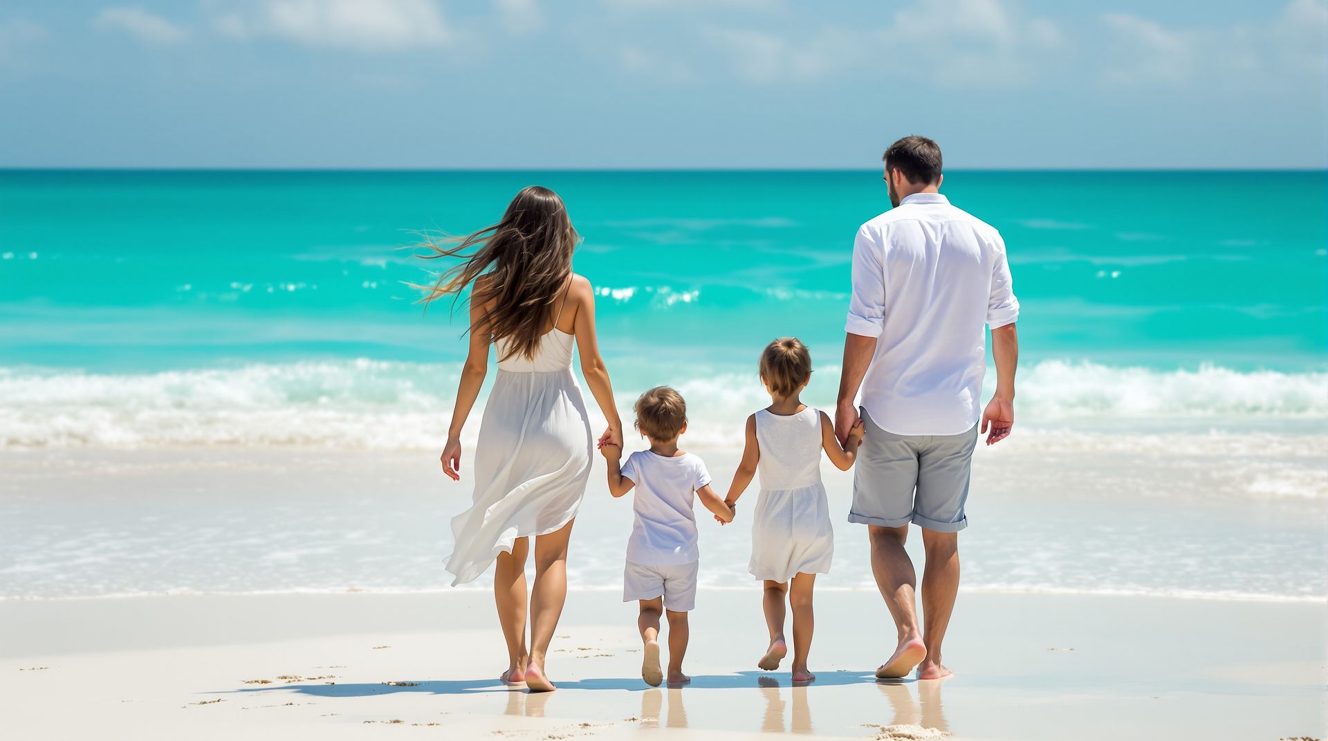 A Florida family holding hands walking toward bright turquoise water on a white-sand beach